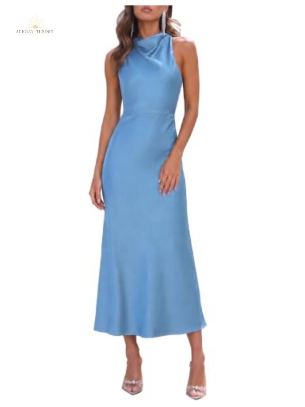 Halfisland Satin High Neck Backless Sleeveless Cocktail Midi Dress
